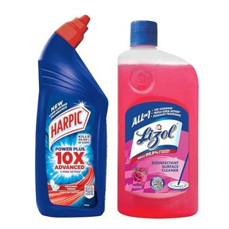 Lizol Disinfectant Surface & Floor Cleaner, Floral - 1l + Harpic Power plus Disinfectant Toilet Cleaner, Original - 500ML